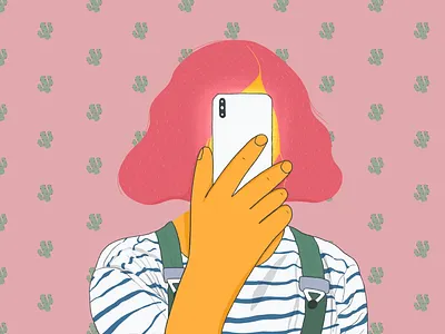 Immersed character cool cute girl illustration phone pink procreate reading selfie woman