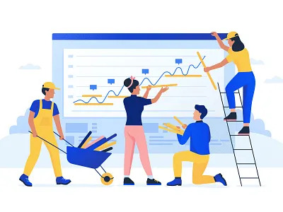 Teamwork 2 2d browser character flat girl graph graphics illustration man office people plants schedule statistics team teamwork trading web window work