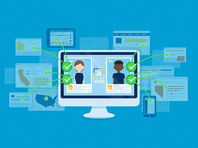 Landing Page Illustration Alvin avatar cartoon check computer connect connected connection creative design flat homepage icon illustration landing page management mobile profile screen ui usa web web page