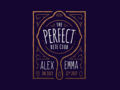 The Perfect Bite Club badge badge design cast iron emblem gold hand lettering invitation lettering logo purple savethedate skillet vintage wedding wedding card