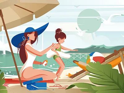 Family on the beach beach flat illustration kit8 palm pretty relax summer sunblock travel vector