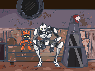 3 Amigos 3 robots ai baseball cap comedy cyborg dystopian future flat design love death and robots sofa technology vector illustration