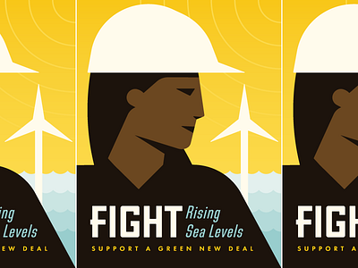 Green New Deal Poster clean energy climate change hard hat sea levels sun water worker