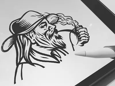Old Merchant Logo Illustration art beard face hand hat illustrate illustration lines logo logos man merchant old old man pipe portrait shading smoke western wip