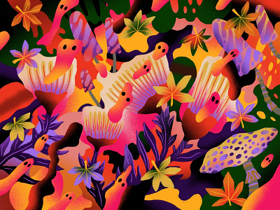 Fluorescent Dawn In The Microbe Forest apple pencil art botanical editorial illustration fluorescent forest fungi illustration illustrator ipad pro microbe microbes mushroom mushrooms patterns procreate psychedelic