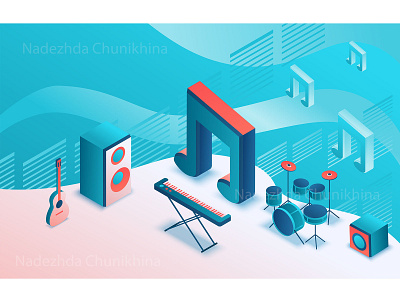 Musical instruments 3d concert design drum guitar illustration isometric music stage vector