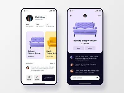 Furniture Social App Concept cards clean dark design app furniture furniture app ikea illustration interaction design interface ios light profile ui ui design user experience user interface ux ux ui ux design