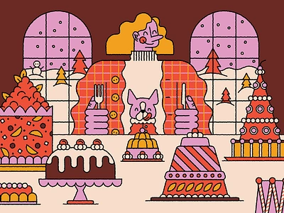 Seasons Eatings cake christmas dessert dinner dog eating feast flat holidays illustration pink snow texture