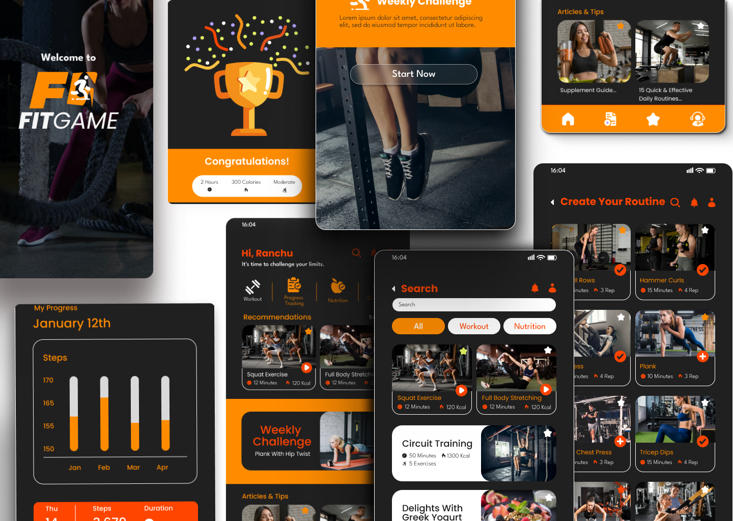 FitGame - Fitness and Gaming Application activelifestyle appdesign creativeui designcommunity designinspiration dribbbleshots fitness gamification gaming healthtech mobileapp ui ux wellnessapp workoutgames