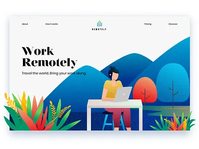 Remotely app art branding color design exploration flat hero illustration minimal remote life remote work travel ui ux vector wanderlust web webdesign website