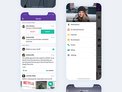 Quickdeal App card client customer data design details flat floating button home ios iphone x left menu logo minimal mobile app purple service typography ui ux