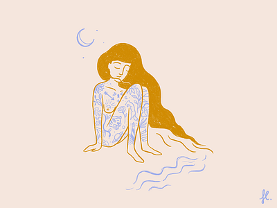 Female Body beach feminist girl gold hair illustration line art moon tattoo vintage woman