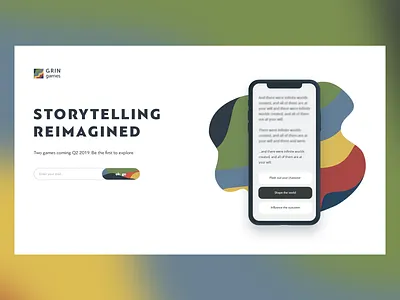 GRIN games home page (already live) agency books games gradient landing page logo studio text based