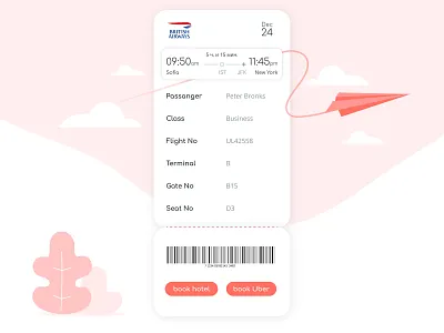 Boarding Pass airplane app boarding pass book booking branding coral dailyinspiration dailyui dailyui024 flat flights hotel pass schedule ticket travel ui webdesign