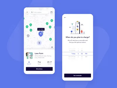 EV Charging Stations App application design bubbles calendar car card charging dropdown electric vehicle icons illustration ios location map pin roller search stations tooltip ui ux