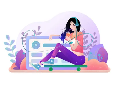 Cool girl skater listening to the music player app branding character colorful design dribbble debut drinking enjoying girl girl boss gradient hobby music pink purple skater skaters teenager vector young
