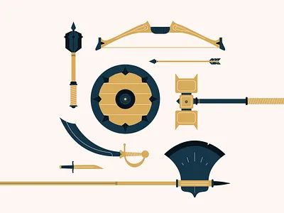 Weapons arrow axe bow design dnd flat hammer icon illustration knife mace shield sword vector weapons