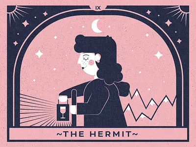 The Hermit of Nuevo Studio anniversary anniversary party arcane card game card design design agency designer drawing esoteric designs graphic design hermit illustration invitation magic major arcana pink small business star tarot card wine