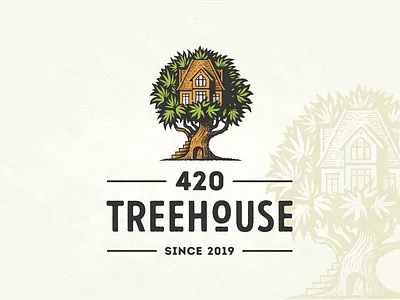 420 Treehouse cannabis hemp house illustration logo marijuana medical retro tree vector vintage