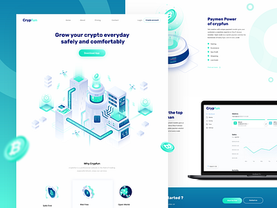 Cryptofun - Full Landingpage 3d bitcoin city crypto crypto currency design factory future gradient header icon illustration isometric isometric illustration landing page landingpage ui ux vector website