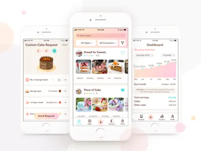 Cake App - UI (1/2) (2018) bakery birthday cake business cake custom customer dashboard design dessert earnings iphone mobile order request sales statistics ui user experience ux wedding cake
