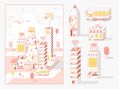 Isometric City architecture artwork building city cute design flat geometric graphic design house illustration illustrator isometric minimal modern pink poster simple vector white