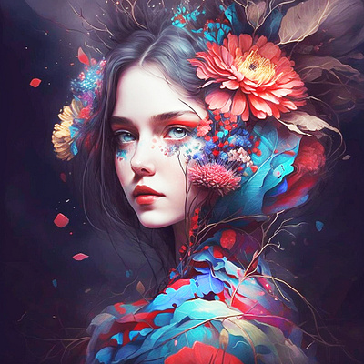 Floral Girl aiart aiartwork beauty character characterdesign drawing fantasy fantasyart femaleportrait floral flower girl illustration painting portrait surrealart woman