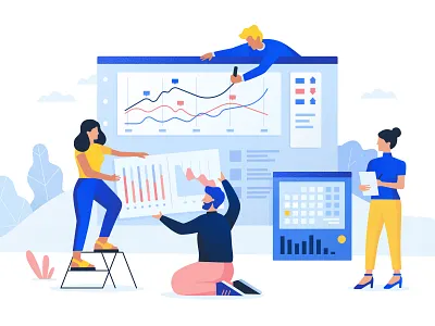 Teamwork 3 2d browser character flat girl graph graphics illustration man office people plants schedule statistics team teamwork trading web window work