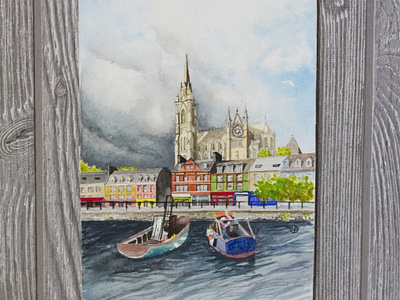 Cobh, Ireland boats building illustration church docks drawing illustration landscape landscape illustration travel art water watercolor