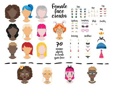 Make yourself avatar avatar character character design create creator dressing earring eyes face face constructor female game girl hats illustration lips portrait sunglass woman women