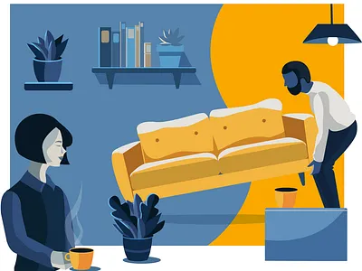 Moving into a new crib agency apartment colorful design flat graphic design illustration mooving plants vector yellow