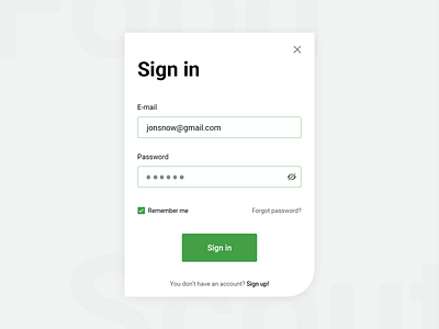 🥙 Sign in modal for FoodScout checkbox cta design email form green grid login mobile modal modal window password popup register sign up ui ux webdesign