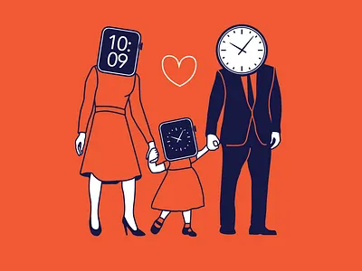 Family Time child dad family figure funny graphic happy heart home illustration people kid love mom parody people purple time watch