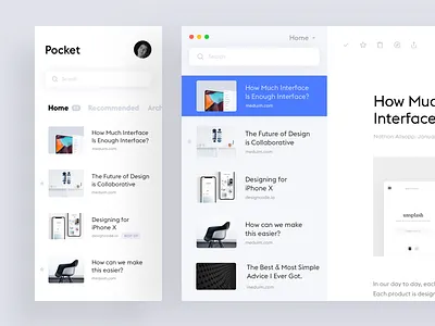 Pocket app concept app clean design ui ux interface ios minimal minimalistic mobile simple ui white