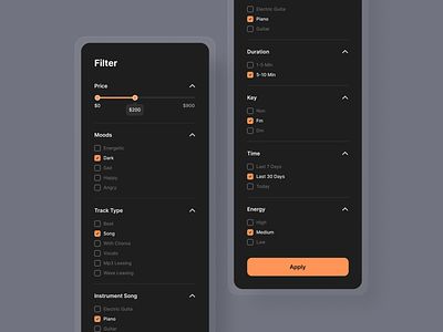 Beatpulse Project [Filter section] category clean design design system designer dropdowns filter filtering hover interface minimal music scroll behaviour sidebar sorting typography ui ux variants web