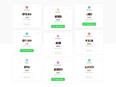 Subscribtions Cards apple behance dribbble followers friends instagram invision media sketch subscribtions twitter whatsapp youtube