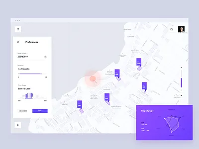 find the perfect sublet app brandnew clean duration filter location map minimal pin preferences price range radar chart simple tenant ui white