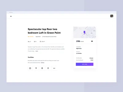 property page apartment app brandnew clean design detail page facilities map minimal pin price property real estate rent simple ui white
