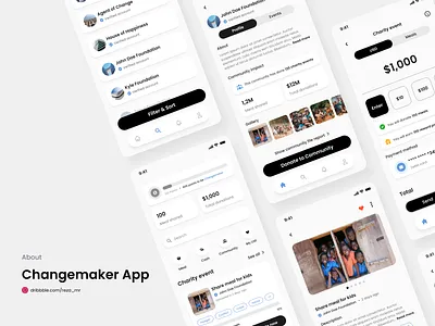 (About) Changemaker - Charity app app app design charitable charitable organization charity clean community crowdfunding design donation funding giving love minimalist mobile app non profit social app ui ui design ux