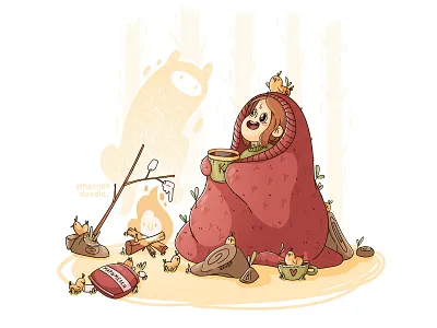 Girl in the forest with little chiks and murshmallow 2d adobe illustrator cartoon character chik chiken cozy cute forest girl gost hannahdoodle lights murshmallow vector