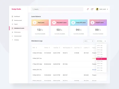Leaves and Logs attendance balance dashboard gradient leave logs presentation web website