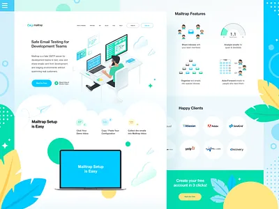Mailtrap Landing Light Developer Version app blue branding character clean concept design flat graphic green icon illustration interface light logo simple vivid