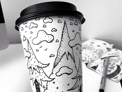 Friday's Cup black and white coffee cup concept sketch drawing elk forest illustration micron mountains pacific northwest pen and ink wip