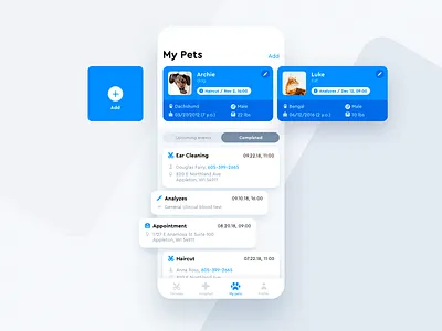 Inqpets – Mobile App for pets owners app blue branding card cat clean design health icon illustration mobile mobile app personal page pet pet app pet care profile typography ui ux