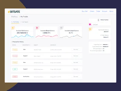 Bitsate Trade History Dashboard bitcoin bitsate chart crypto crypto exchange cryptocurrency dashboard design freelance history interface list log side bar table tag trade transaction ui ux