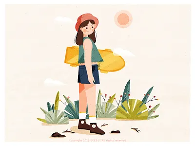 女孩-Girl （5） blue clouds flowers girl green leaves red skateboard sun yellow