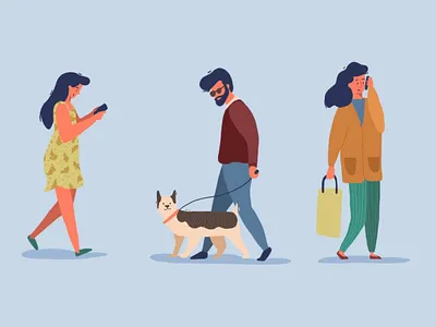 People Walking character dog dress illustration man people phone shopping bag walking woman