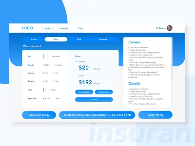Selecting the Insurance Plan blue high fidelity holdings insurance plan price wireframe
