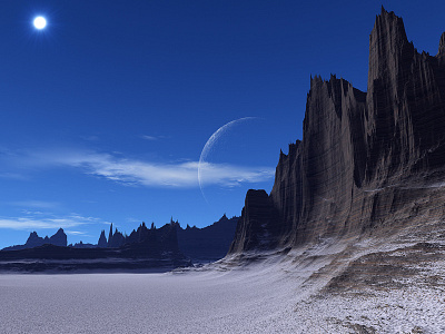 Dawn Of The Winter Sun 3dart celestial cliffs digitalart exoplanet fantasy fantasyart fractal mojoworld moon planets procedural scifi scifiart space spaceart spacescape sunrise sunset winter