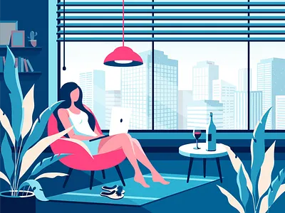Girl armchair cactus character city flat flowers girl illustration jalousie lamp laptop light plant room slippers table vector view window wine